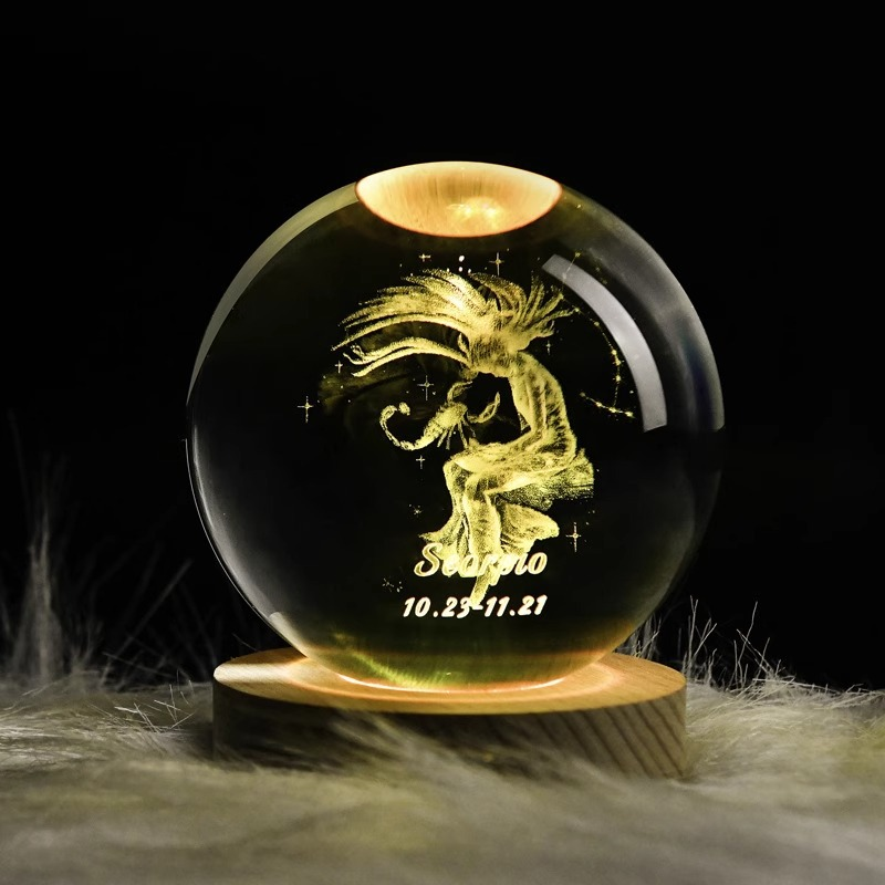 Personalized Zodiac Sign Crystal Sphere – Horoscope Designs with LED Light – Perfect Custom Gift for Astrology Lovers