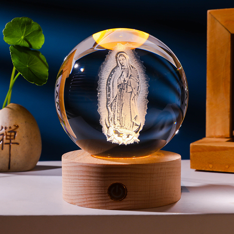 Personalized Laser-Engraved Crystal Sphere – Jesus, Mary, Angel