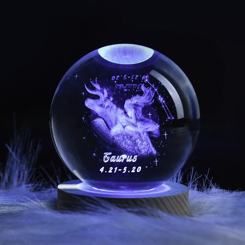 Custom Laser-Engraved Crystal Ball – Zodiac Signs and Constellations – Personalized Horoscope Gift with LED Lighting