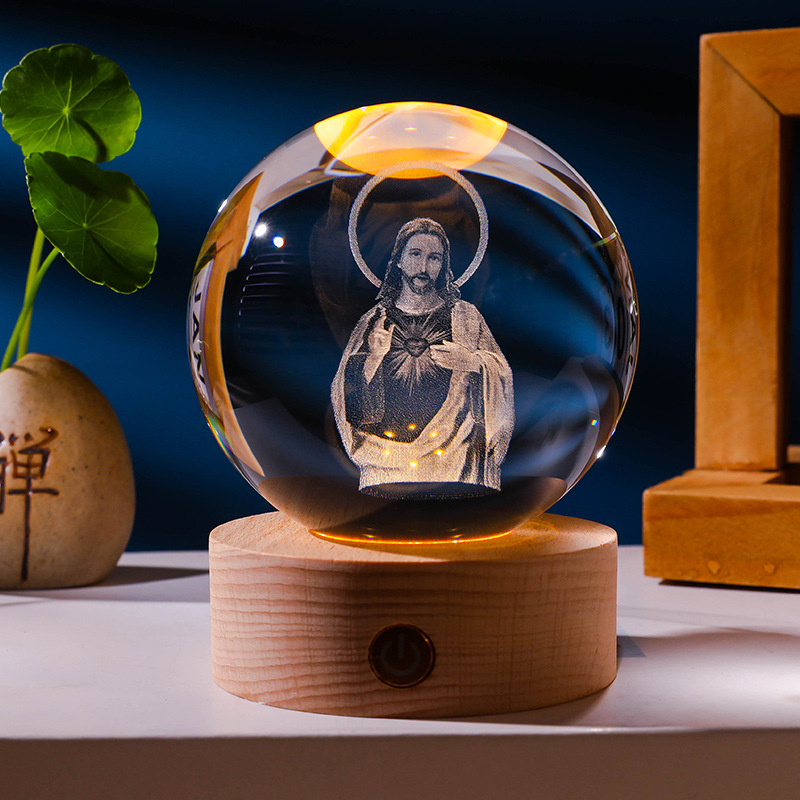 Personalized Laser-Engraved Crystal Sphere – Jesus, Mary, Angel