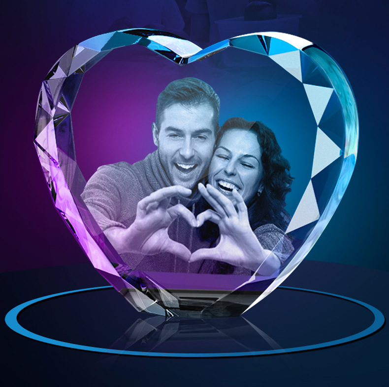 Heart-Shaped 3D Crystal Photo Gift - Custom Laser Engraved Crystal Keepsake with Light Base