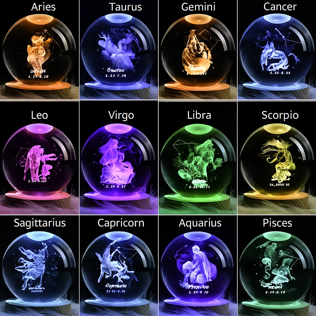 Personalized Zodiac Sign Crystal Sphere – Horoscope Designs with LED Light – Perfect Custom Gift for Astrology Lovers